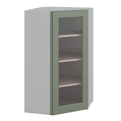 Diagonal Corner Green Shaker 1-1/4" Overlay Glass Ready Wall Cabinet 24" Wide by 30", 36" & 42" Tall