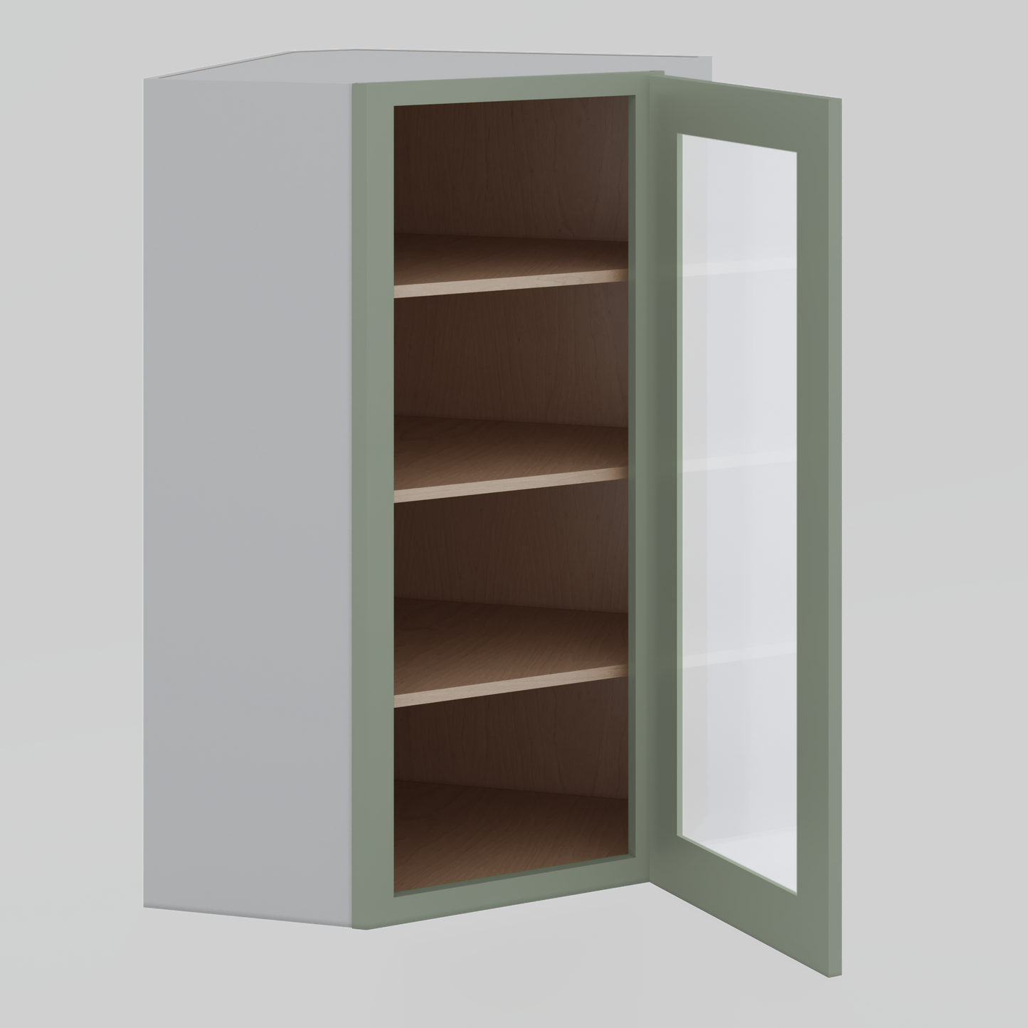 Diagonal Corner Green Shaker 1-1/4" Overlay Glass Ready Wall Cabinet 24" Wide by 30", 36" & 42" Tall