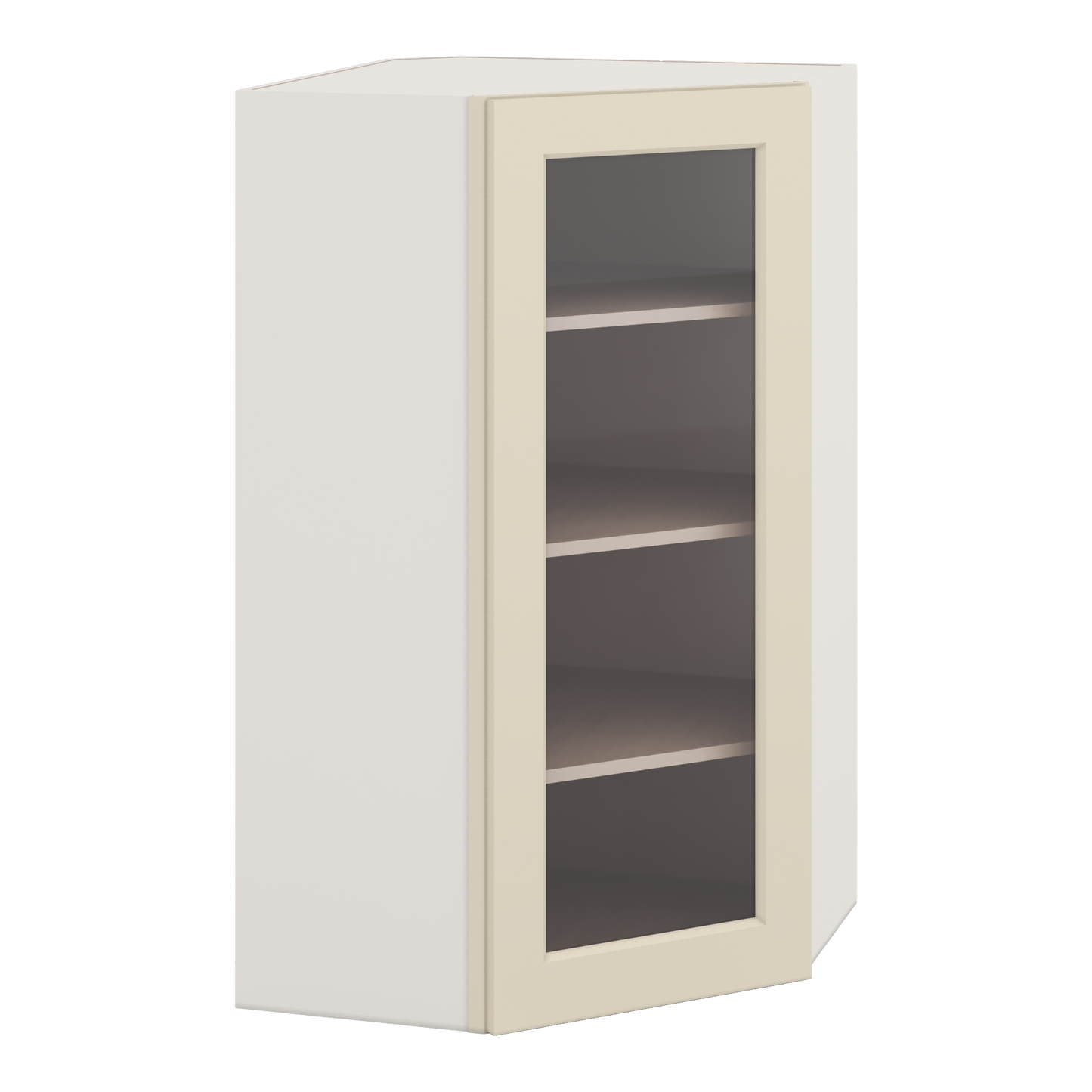 Diagonal Corner Manhattan Cream Shaker 1-1/4" Overlay Glass Ready Wall Cabinet 24" Wide by 30", 36" & 42" Tall