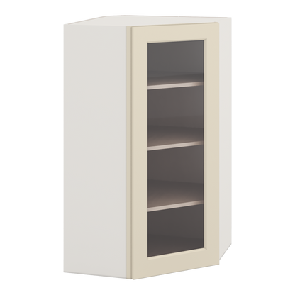 Diagonal Corner Manhattan Cream Shaker 1-1/4" Overlay Glass Ready Wall Cabinet 24" Wide by 30", 36" & 42" Tall