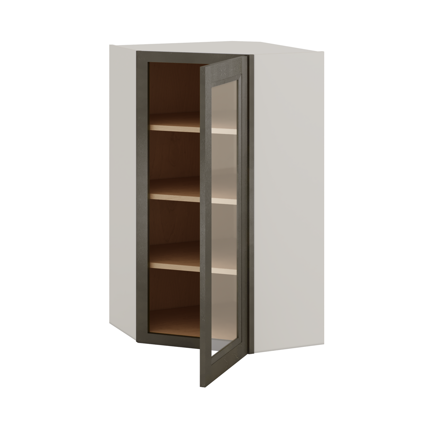 Diagonal Corner Huntington Cinder Double Shaker Glass Ready Wall Cabinet 24" Wide by 30", 36" & 42" Tall