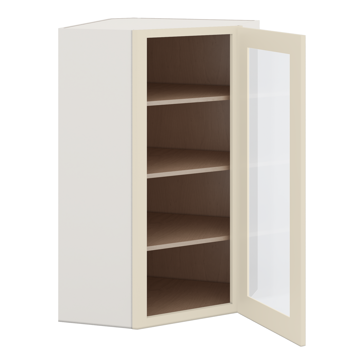 Diagonal Corner Manhattan Cream Shaker 1-1/4" Overlay Glass Ready Wall Cabinet 24" Wide by 30", 36" & 42" Tall