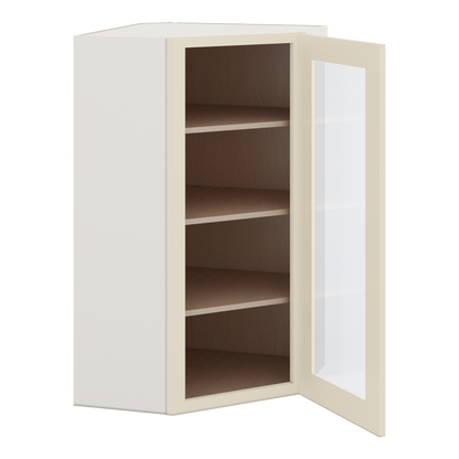 Diagonal Corner Manhattan Cream Shaker 1-1/4" Overlay Glass Ready Wall Cabinet 24" Wide by 30", 36" & 42" Tall