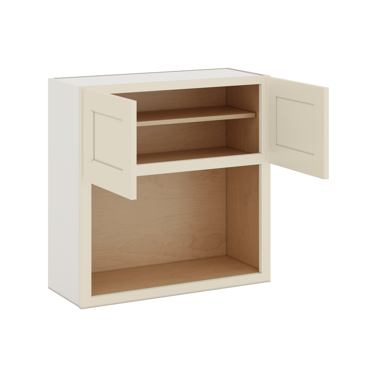 Microwave Shelf Cabinet Manhattan Cream Shaker 1-1/4" Overlay Cabinet 27" Wide by 30", 36" & 42" Tall