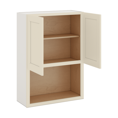 Microwave Shelf Cabinet Manhattan Cream Shaker 1-1/4" Overlay Cabinet 27" Wide by 30", 36" & 42" Tall