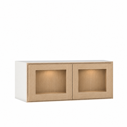 Rift 31.5" W 24" D Wall Oven Wall Cabinet Glass Ready - 12", 15", 18", 21" & 24" Tall — Rift Oak, bi-parting Shaker doors, no center stile; Glass Ready with matching finished interior; glass not included.