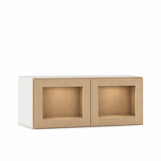Rift 36" W 24" D Glass Ready Refrigerator Wall Cabinet - 12", 15", 18", 21" & 24" Tall — Rift Oak, bi-parting Shaker doors, no center stile; Glass Ready with matching finished interior; glass not included.