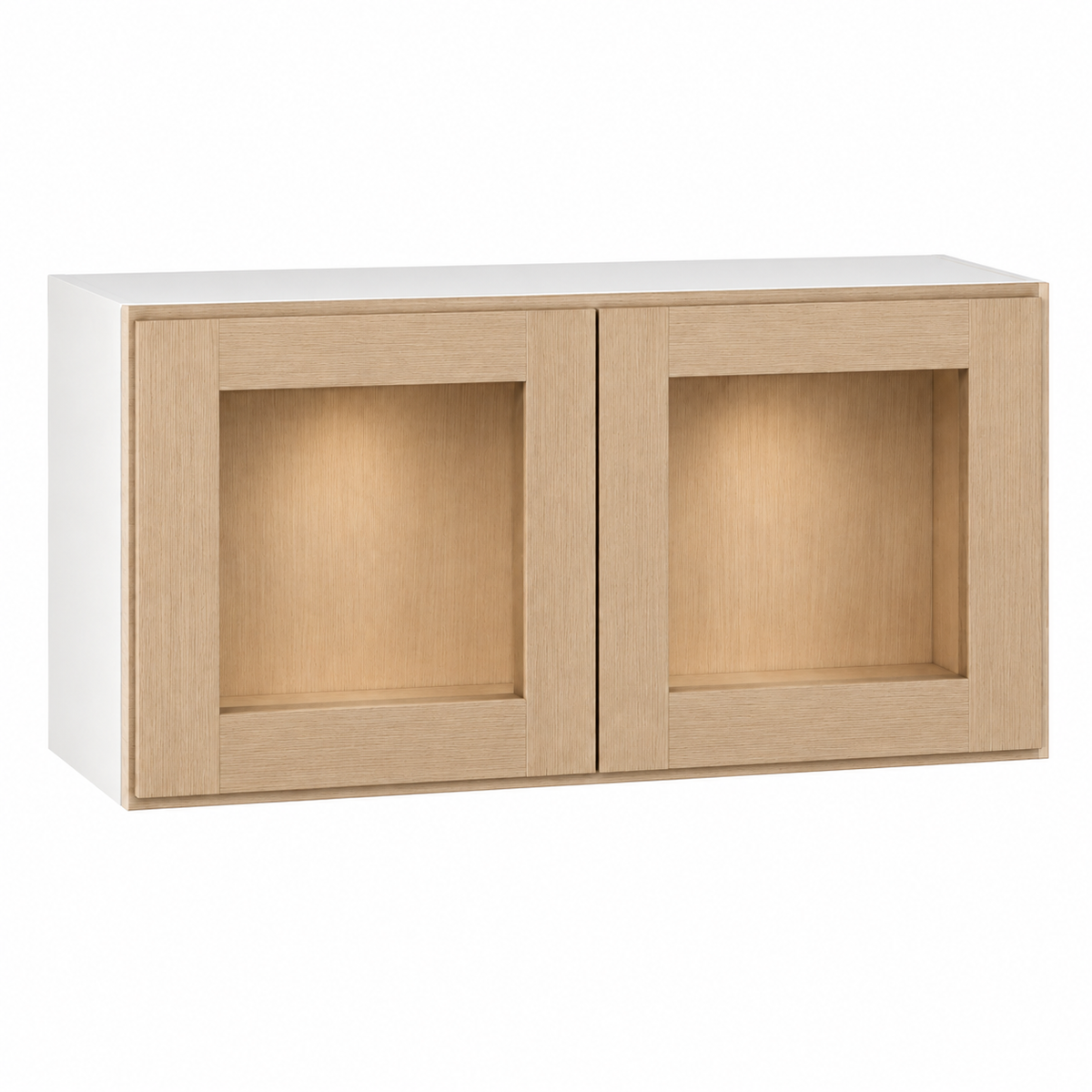 Rift 33" Wide Glass Ready Wall Cabinet - Single Door 12", 15", 18", 21"& 24" Tall — Rift Oak, bi-parting Shaker doors, no center stile; Glass Ready with matching finished interior; glass not included.