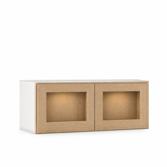 Rift 30" Wide Glass Ready Wall Cabinet - Double Door 9", 12", 15", 18", 21", 24" & 27" Tall — Rift Oak, bi-parting Shaker doors, no center stile; Glass Ready with matching finished interior; glass not included.