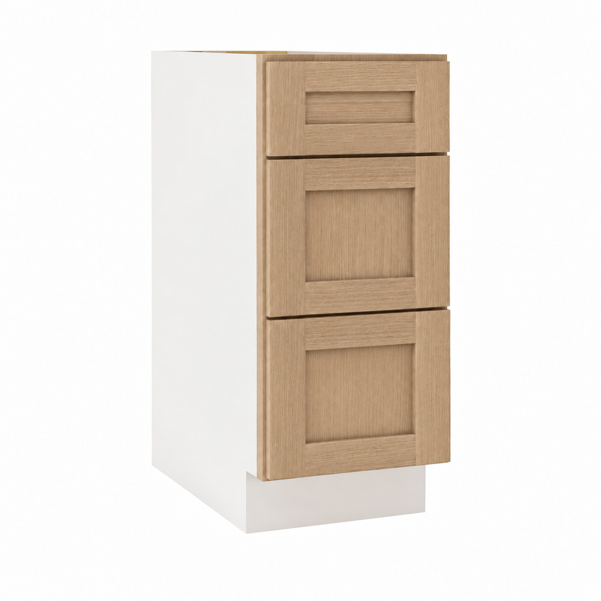 Rift Oak 18-inch three-drawer base cabinet.