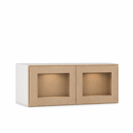 Rift 36" Tall Glass Ready Wall Cabinet - Double Door 24", 27", 30", 33" & 36" — Rift Oak, bi-parting Shaker doors, no center stile; Glass Ready with matching finished interior; glass not included.