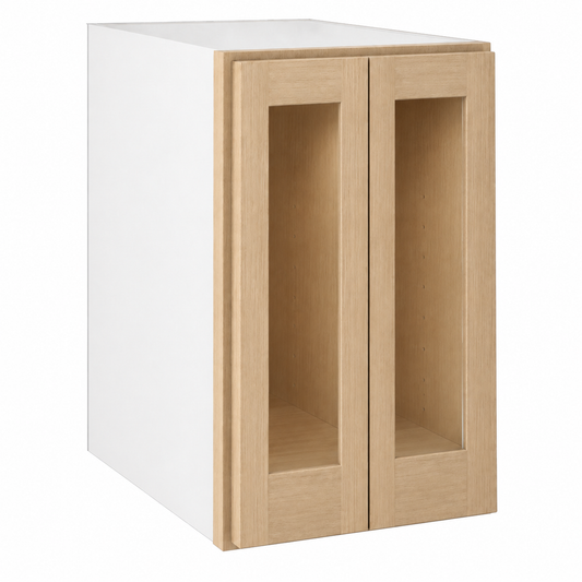 Rift 39" Tall Glass Ready Wall Cabinet - Single Door 9", 12", 15", 18" & 21" — Rift Oak, bi-parting Shaker doors, no center stile; Glass Ready with matching finished interior; glass not included.