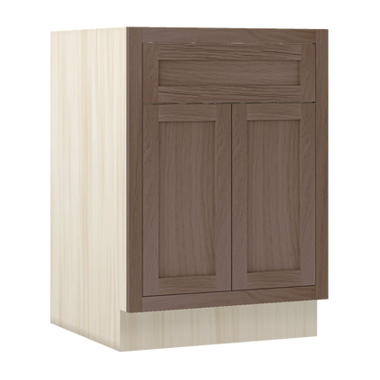 Chocolate Oak WS-04 White Oak Inset Shaker Base Drawer Double Door Cabinet B24, 24" Wide 1 Drawer 2 Doors, Premium Box