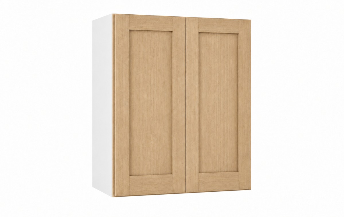 Rift Oak 30-inch-wide two-door stacker wall cabinet, 42 inches tall, with one panel in each door.