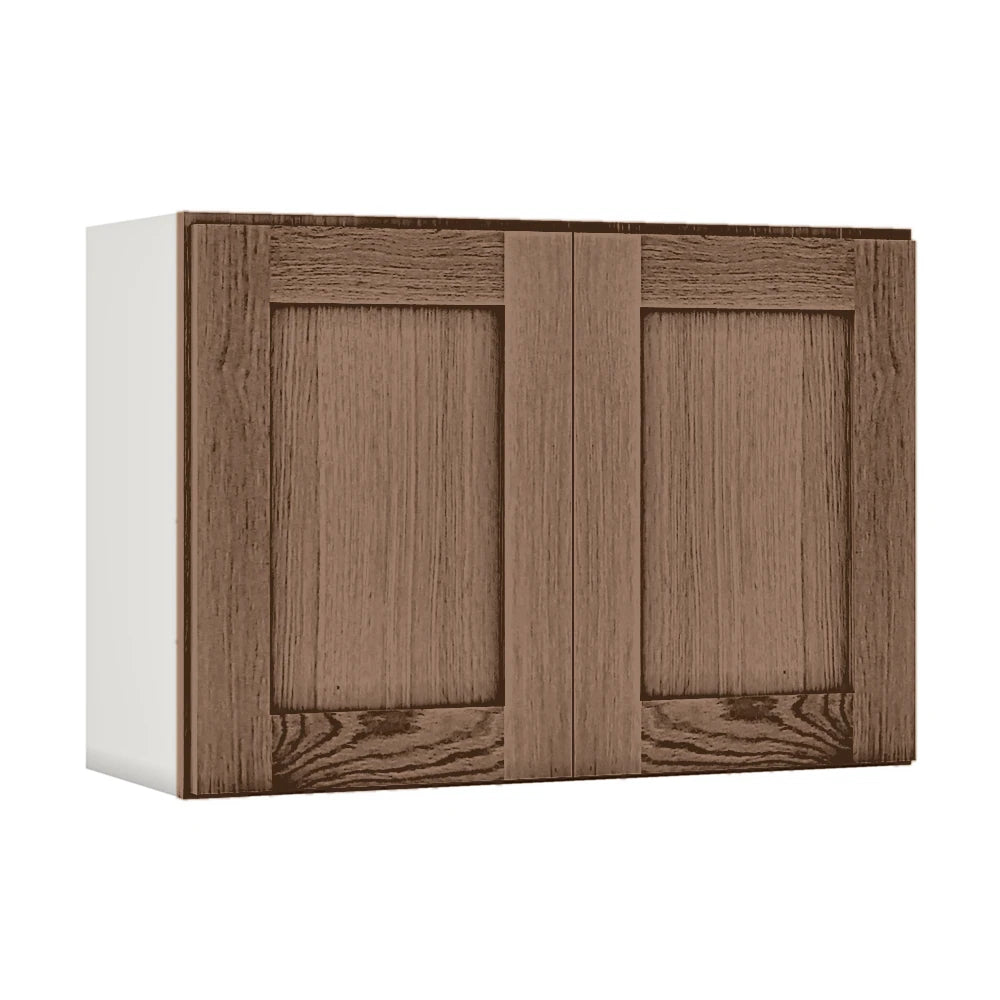 36" Wide by 12" Deep Bridge Coffee Bean Oak Shaker 1-1/4"Overlay Wall Cabinet - Double Door 12", 15", 18", 21", 24" Tall