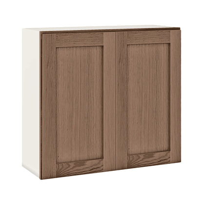 30" Tall Coffee Bean Oak Shaker 1-1/4" Overlay Wall Cabinet - Double Door 24", 27", 30", 33" & 36" Wide