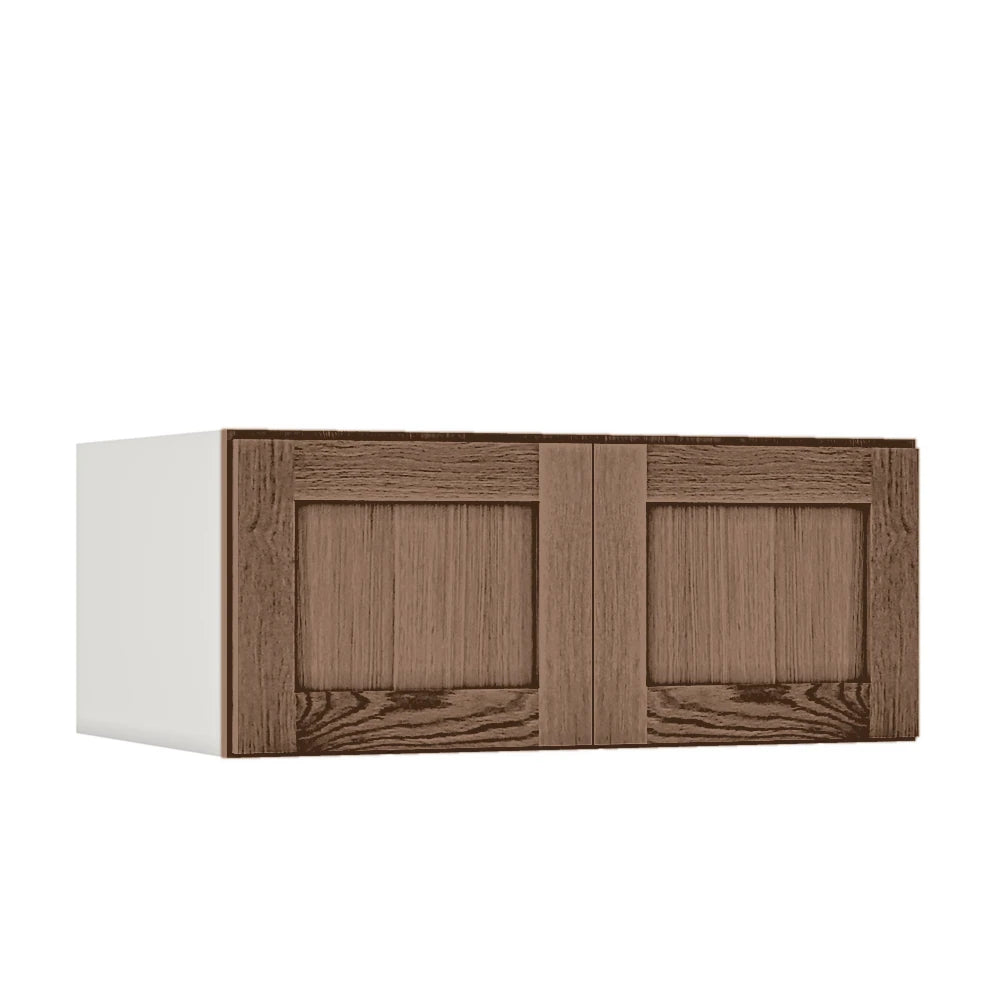 36" Wide 24" Deep Upper Coffee Bean Oak Shaker 1-1/4" Overlay Wall Cabinet - Double Door 12", 15", 18", 21", 24"