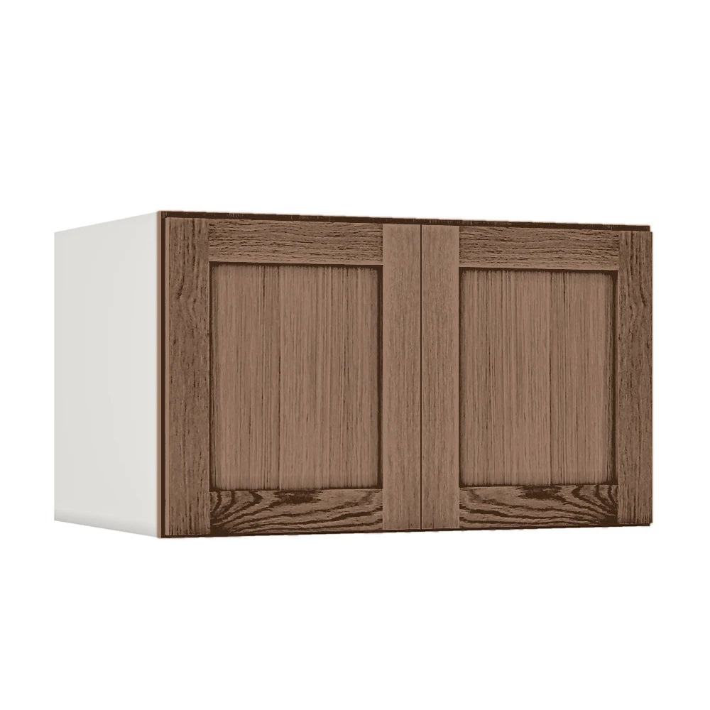 36" Wide 24" Deep Upper Coffee Bean Oak Shaker 1-1/4" Overlay Wall Cabinet - Double Door 12", 15", 18", 21", 24"
