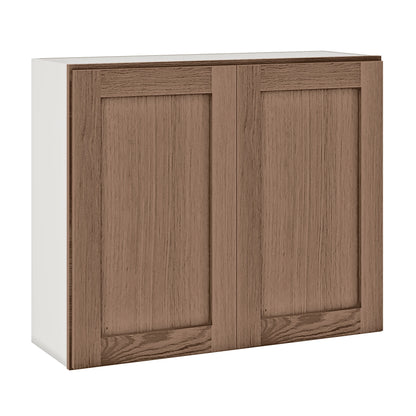 36" Tall Coffee Bean Oak Shaker 1-1/4" Overlay Wall Cabinet - Double Door 24", 27", 30", 33" & 36" Wide