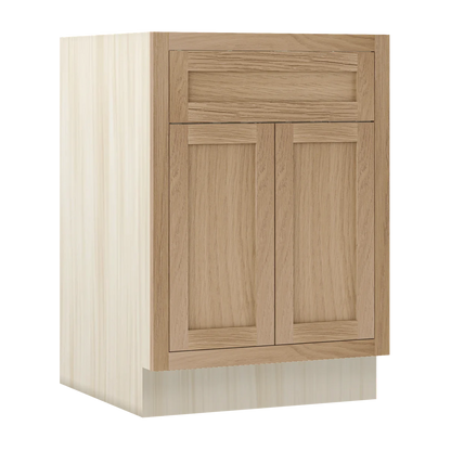 Coffee Oak WS-03 White Oak Inset Shaker Base Drawer Double Door Cabinet B24, 24" Wide 1 Drawer 2 Doors, Premium Box