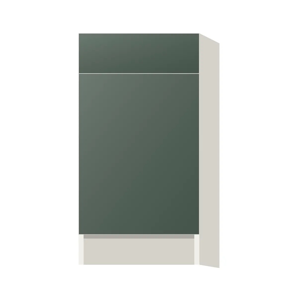 Contemporary trash pull-out base (2 cans) cabinet, Matte Olive Green door, L-Box (Luxury)