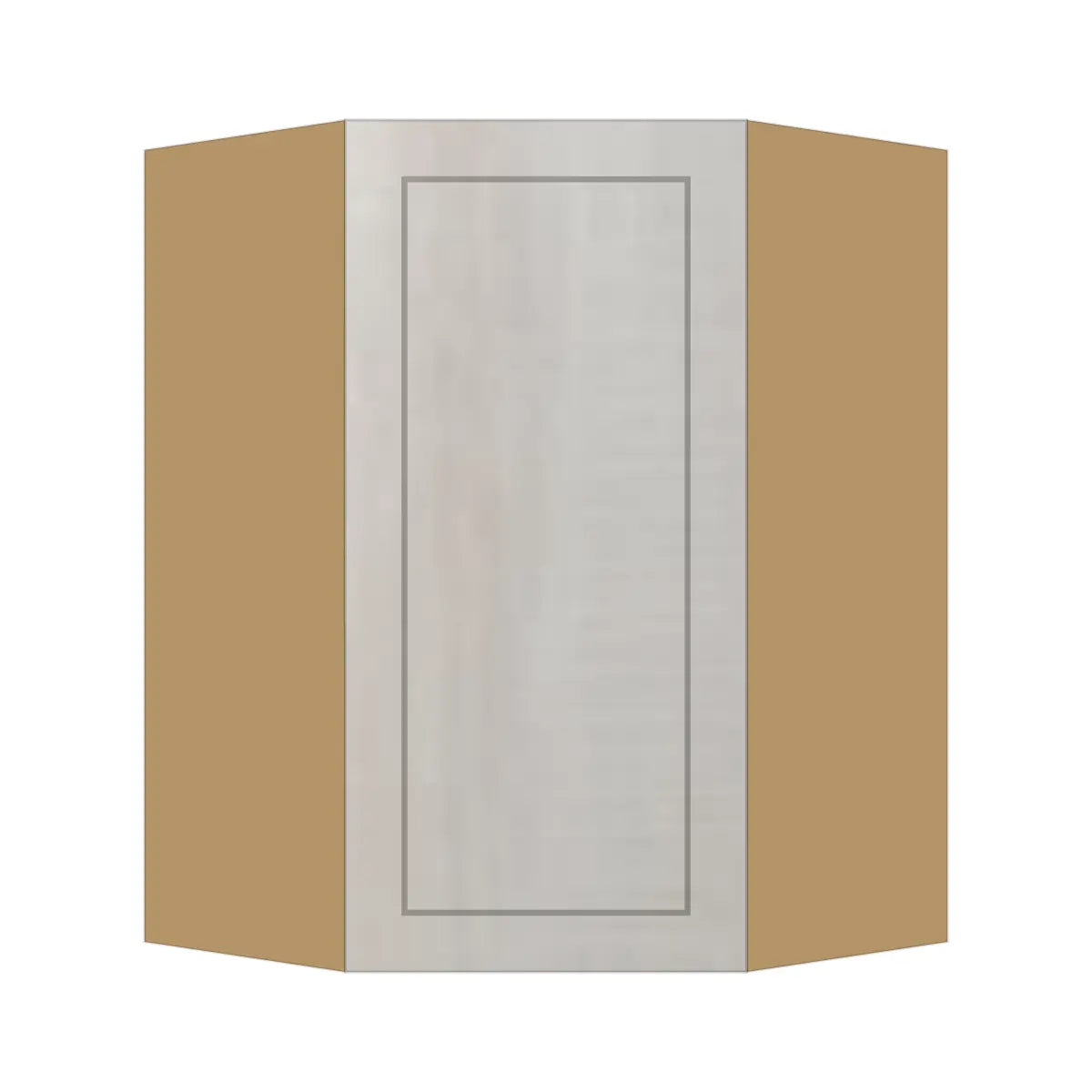 Contemporary diagonal corner wall cabinet, Genesis Sliced Oak door, P-Box (Prestige)