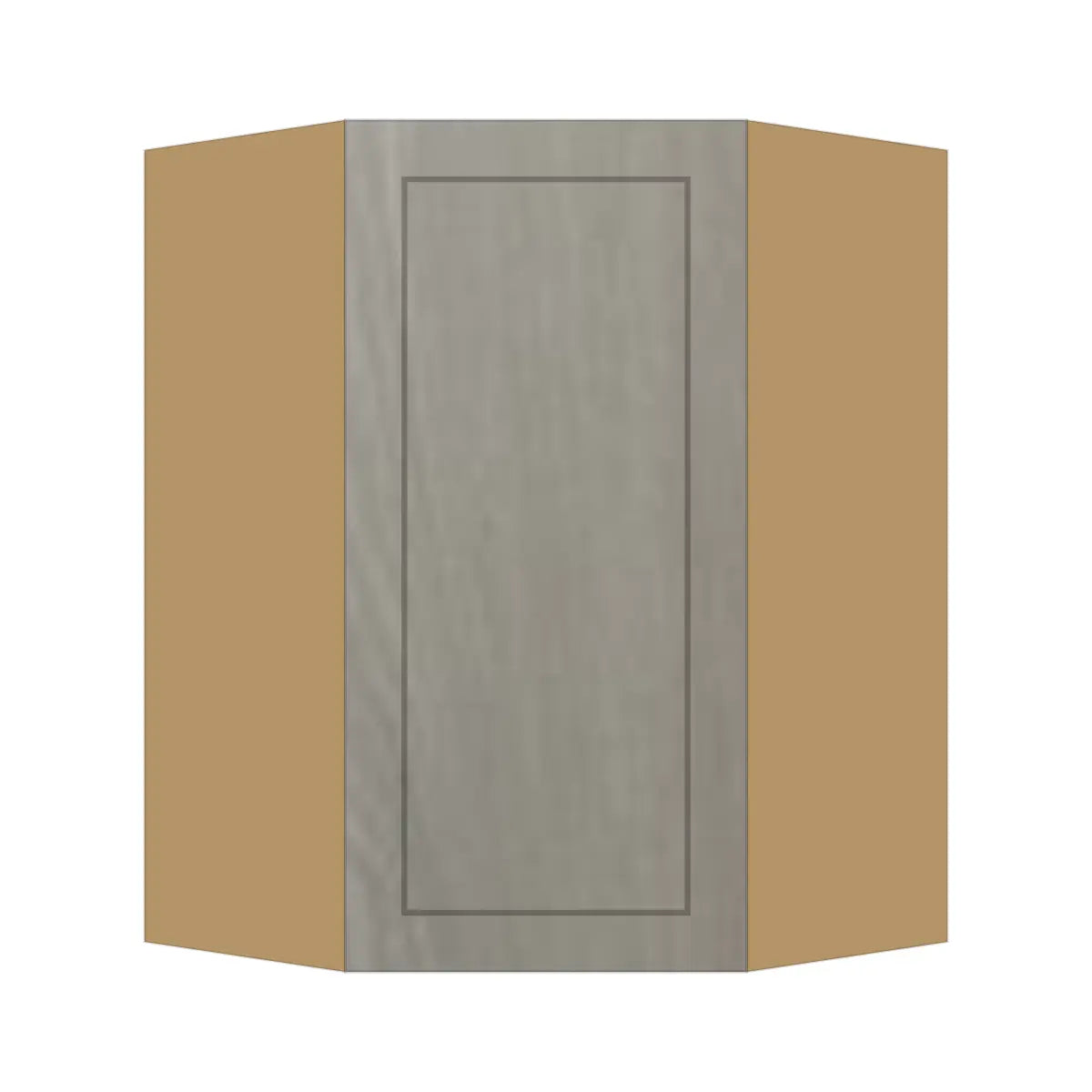 Contemporary diagonal corner wall cabinet, Genesis Weathered Oak door, P-Box (Prestige)