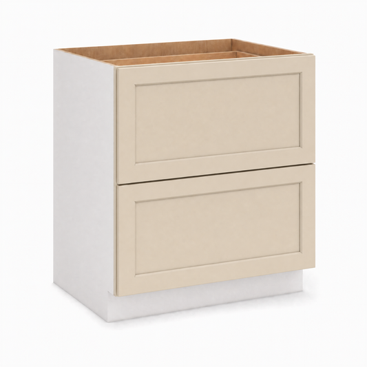 24", 30" & 36" Wide MC12 Manhattan Cream Shaker 1-1/4" Overlay 2 Drawer Base Cabinet