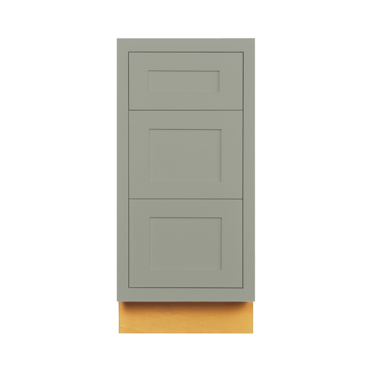 Custom Inset 3 Drawer Base Cabinet in Evergreen Fog SW 9130, Shaker door, Premium Box