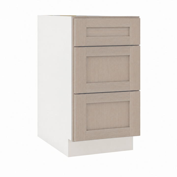 Rift 3 Drawer Base Cabinet in Fog Stain, Shaker door