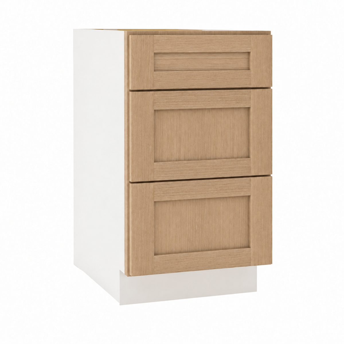 Rift Oak 30-inch three-drawer base cabinet.