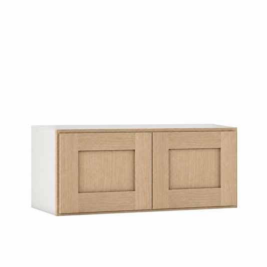 Rift 30" Wide Stacker Wall Cabinet - Double Door 9", 12", 15", 18", 21", 24" & 27" Tall — Rift Oak, bi-parting Shaker doors, no center stile