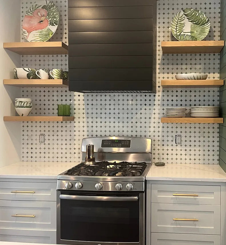 Inset cabinets with floating shelves