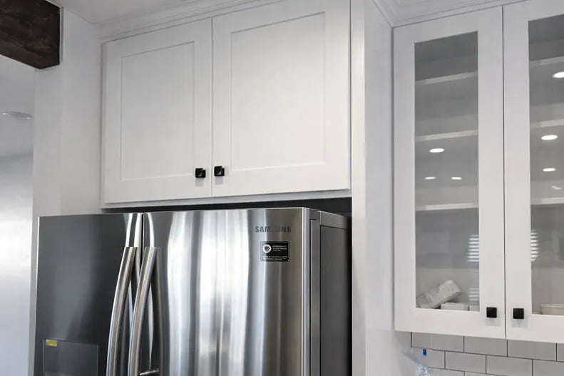 Refrigerator upper full depth cabinet with side panel. Glass doors are available on 1-14