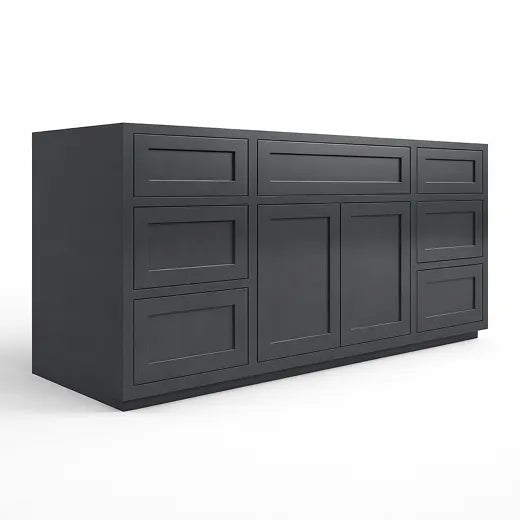 Color selection for the Inset Shaker Vanity Cabinets include Snow White, Light Gray, Dark Gray (shown below) and the Vintage White Raised Panel.