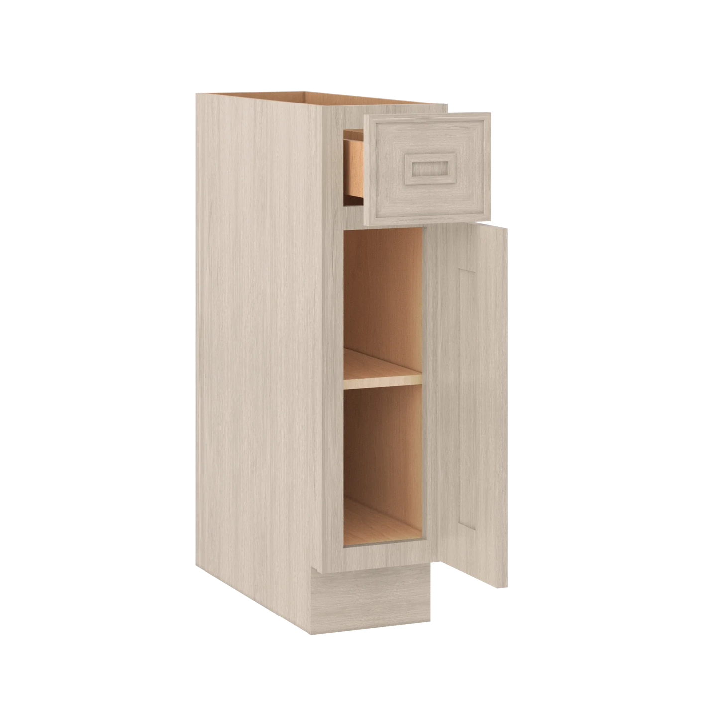 Ivory Elegant Craftsman Shaker B09 base cabinet – open angle view, RTA kitchen cabinet