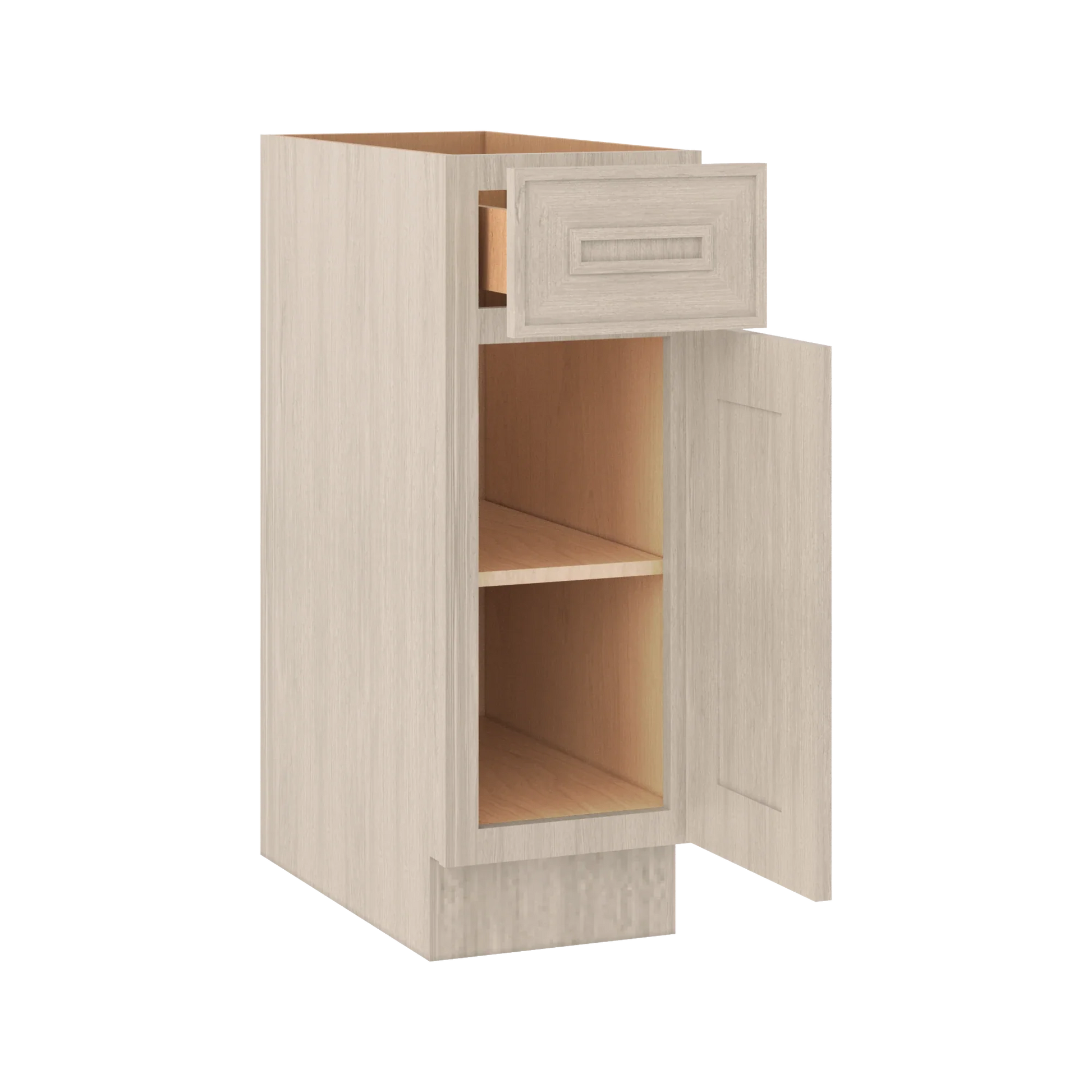 Ivory Elegant Craftsman Shaker B12 base cabinet – open angle view, RTA kitchen cabinet