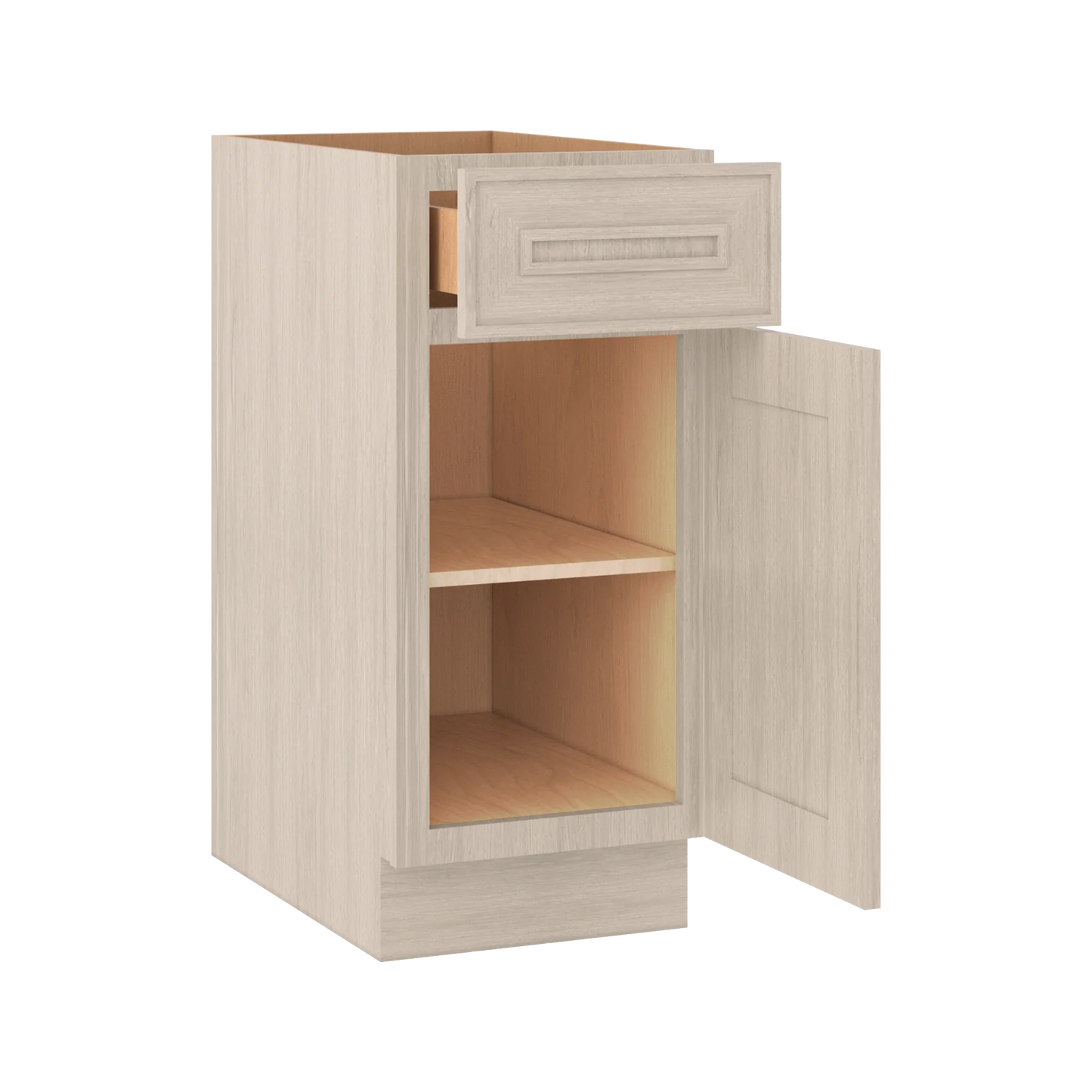 Ivory Elegant Craftsman Shaker B15 base cabinet – open angle view, RTA kitchen cabinet