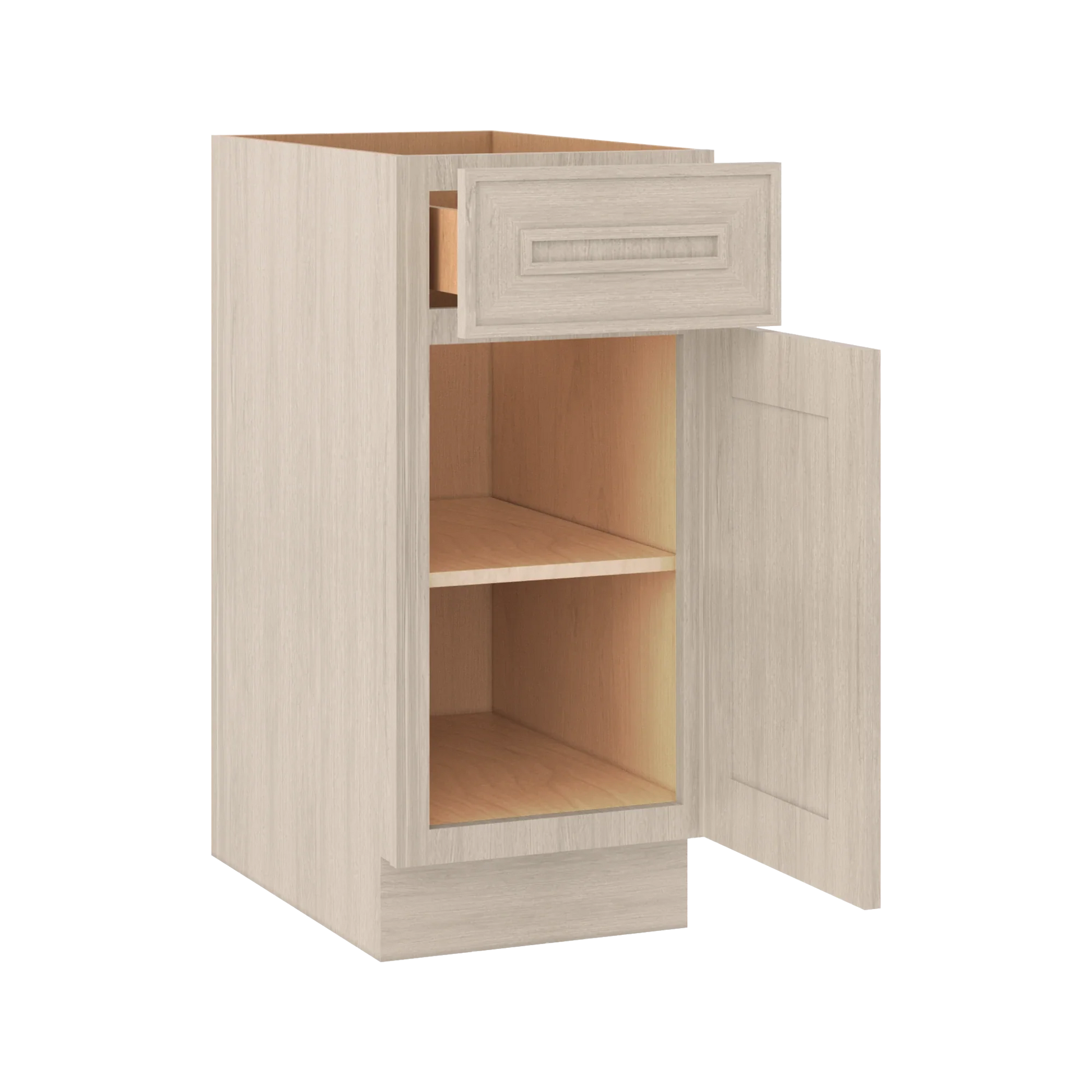 Ivory Elegant Craftsman Shaker B15 base cabinet – open angle view, RTA kitchen cabinet