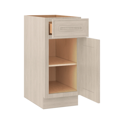 Ivory Elegant Craftsman Shaker B15 base cabinet – open angle view, RTA kitchen cabinet