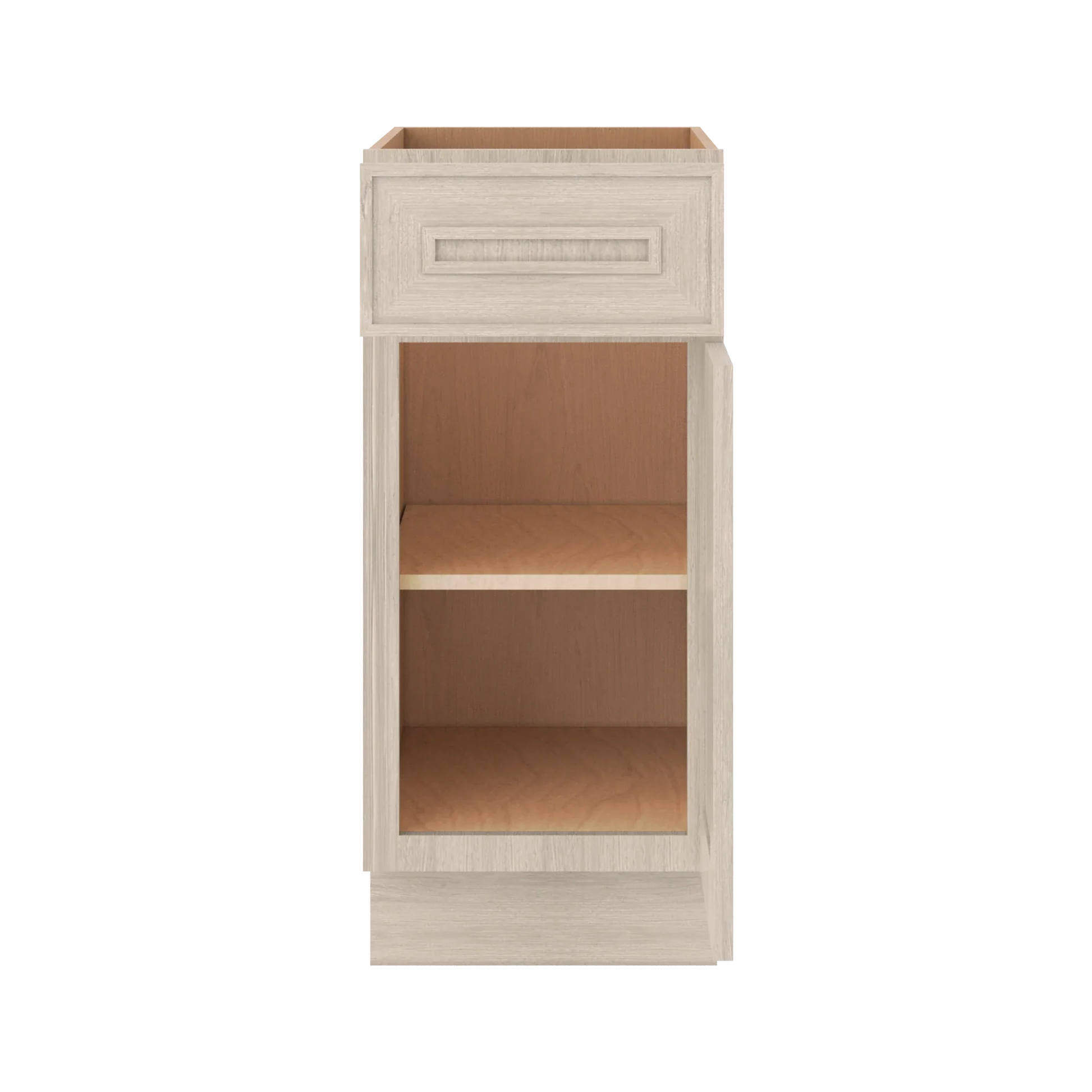 Ivory Elegant Craftsman Shaker B15 base cabinet – open front view, RTA kitchen cabinet