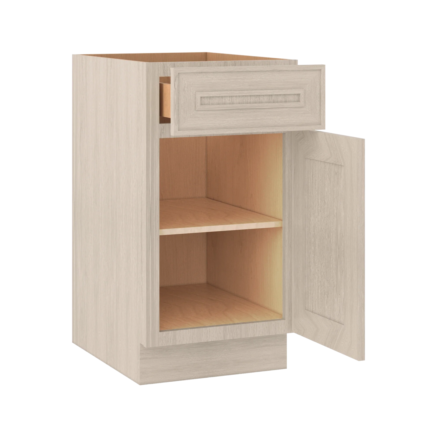 Ivory Elegant Craftsman Shaker B18 base cabinet – open angle view, RTA kitchen cabinet