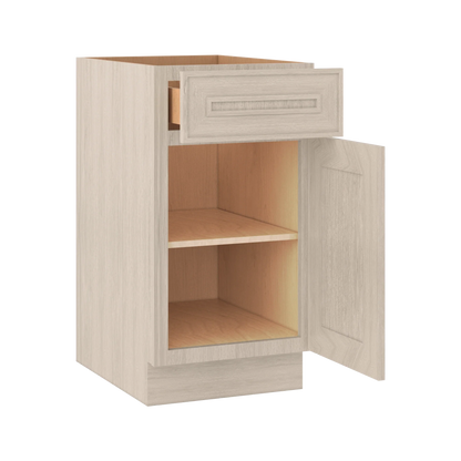 Ivory Elegant Craftsman Shaker B18 base cabinet – open angle view, RTA kitchen cabinet