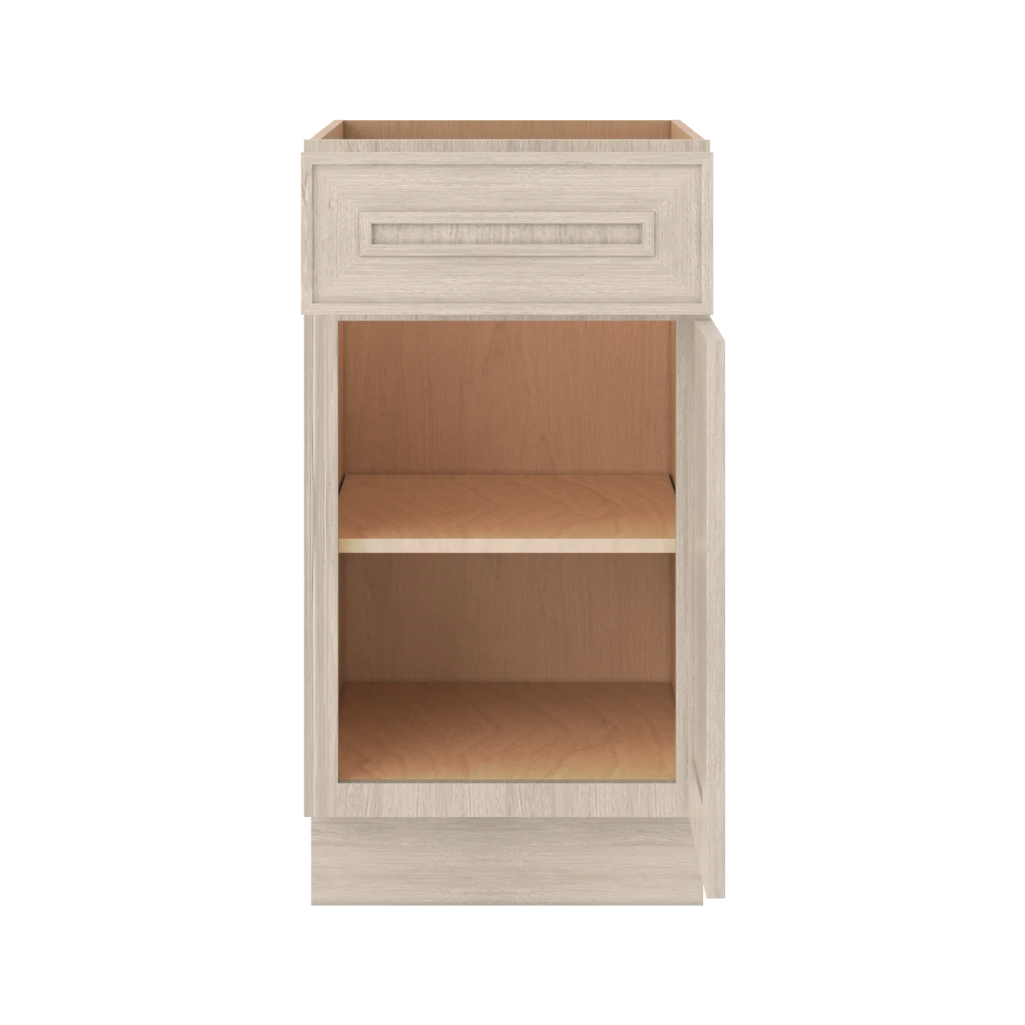 Ivory Elegant Craftsman Shaker B18 base cabinet – open front view, RTA kitchen cabinet