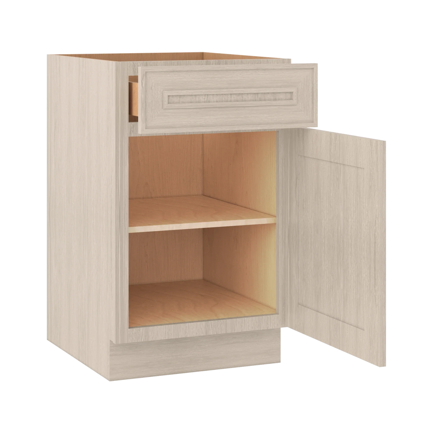 Ivory Elegant Craftsman Shaker B21 base cabinet – open angle view, RTA kitchen cabinet