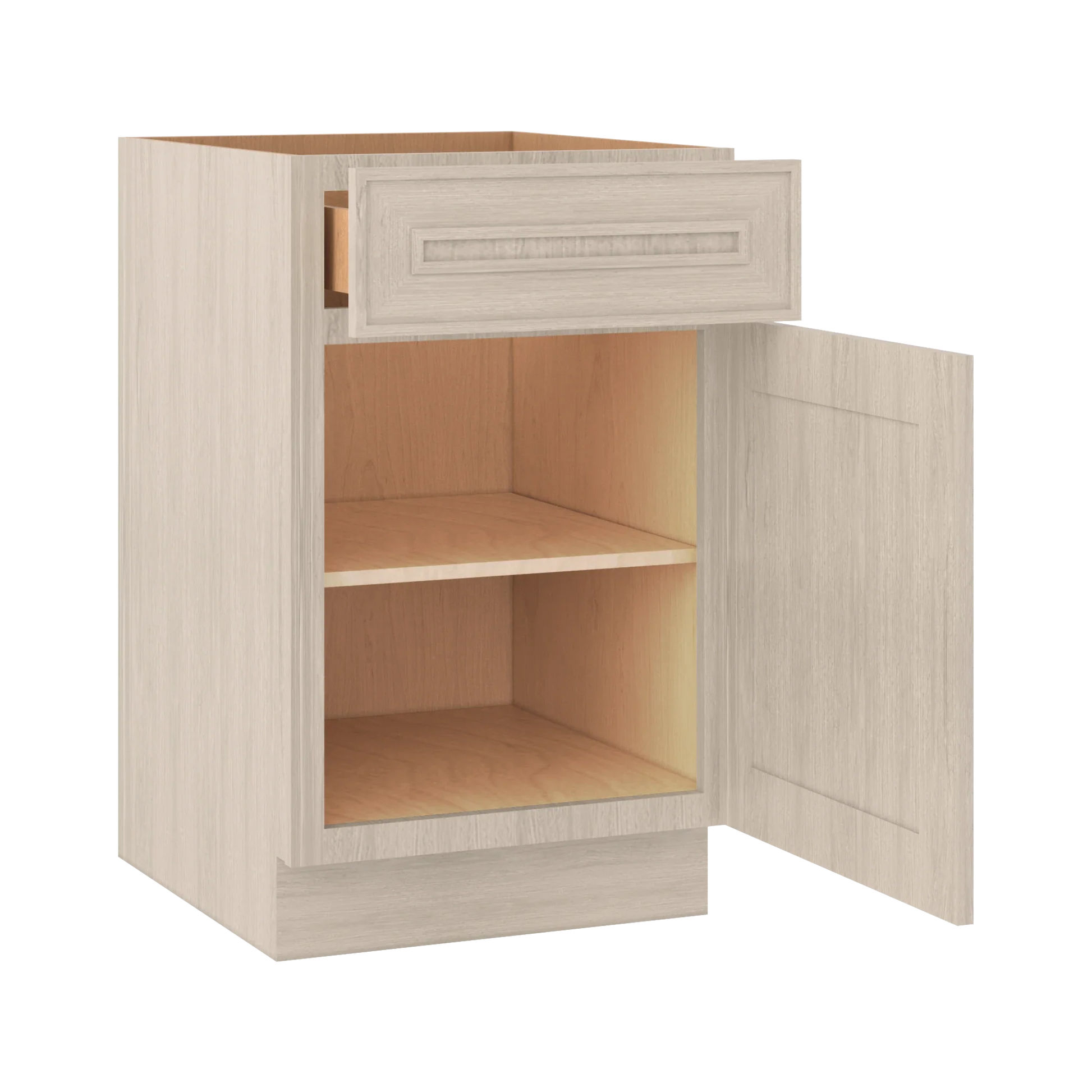 Ivory Elegant Craftsman Shaker B21 base cabinet – open angle view, RTA kitchen cabinet