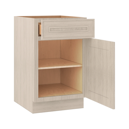 Ivory Elegant Craftsman Shaker B21 base cabinet – open angle view, RTA kitchen cabinet