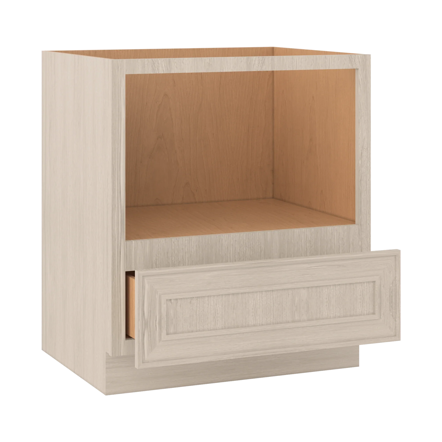 Ivory Elegant Craftsman Shaker B30MW base cabinet – open angle view, RTA kitchen cabinet