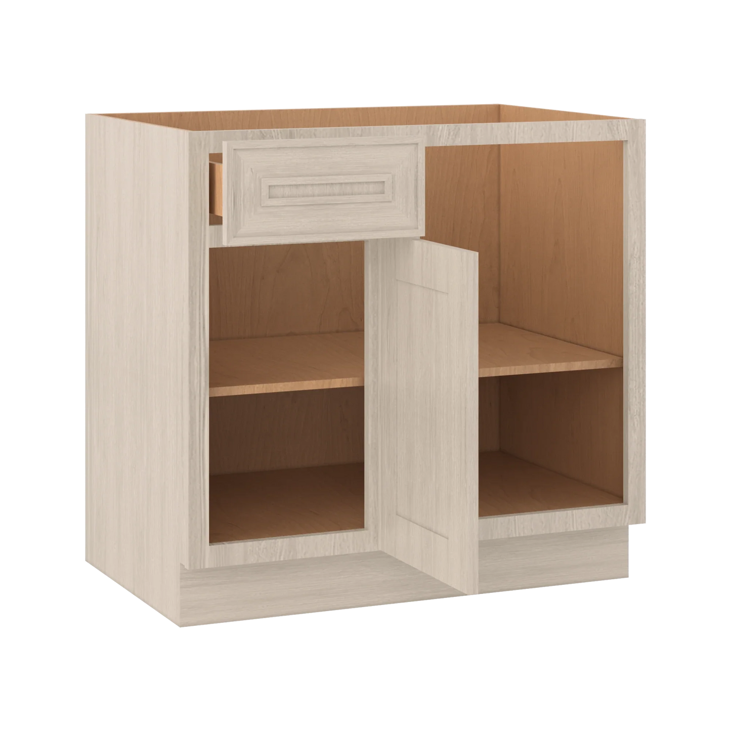Ivory Elegant Craftsman Shaker BBC36 base cabinet – open angle view, RTA kitchen cabinet