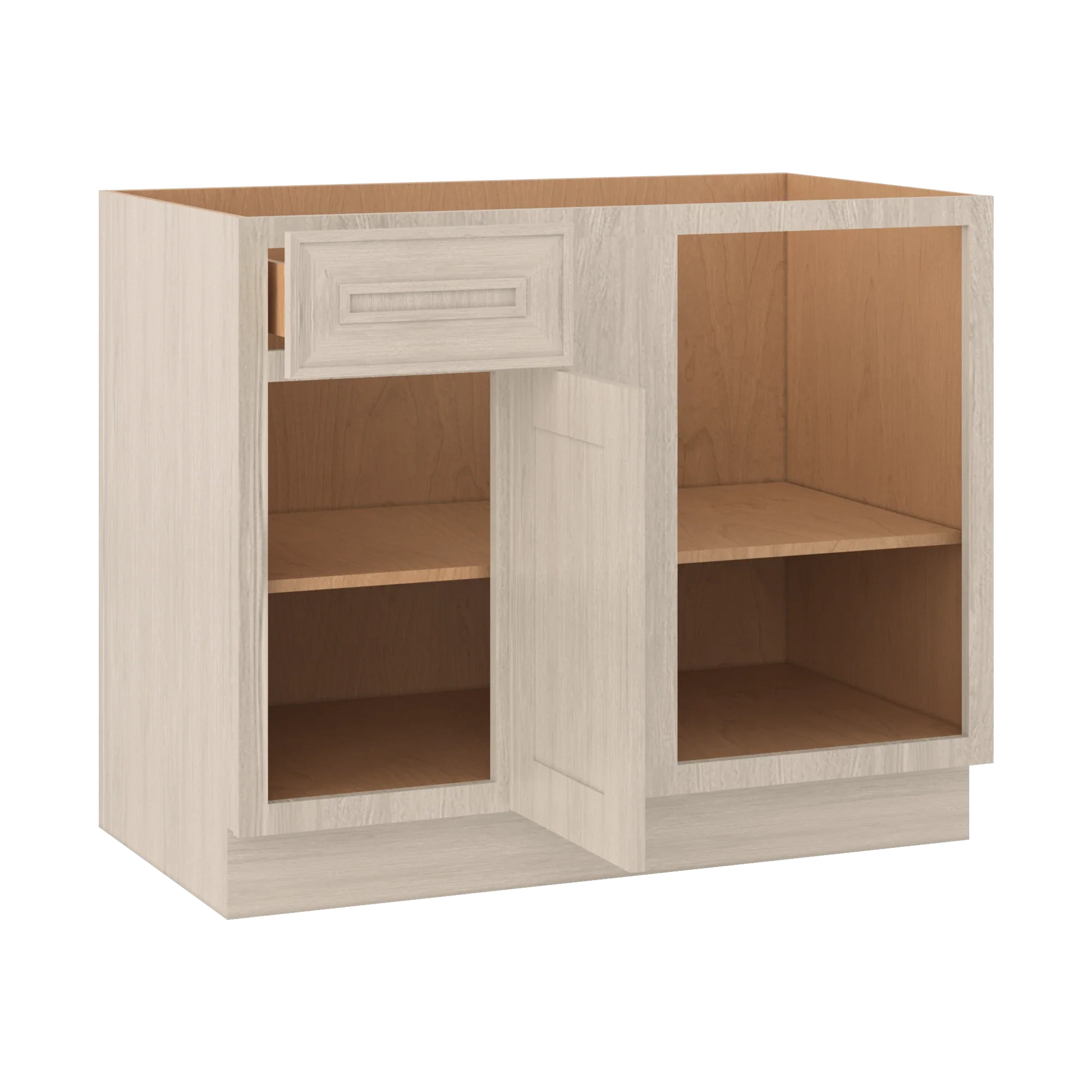 Ivory Elegant Craftsman Shaker BBC42 base cabinet – open angle view, RTA kitchen cabinet
